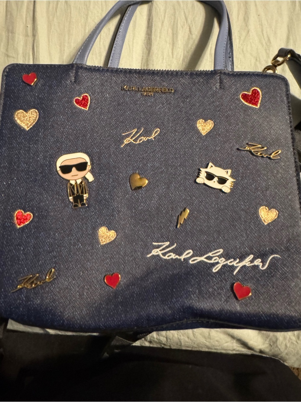Karl Lagerfeld Navy Embellished Heart & Character Tote